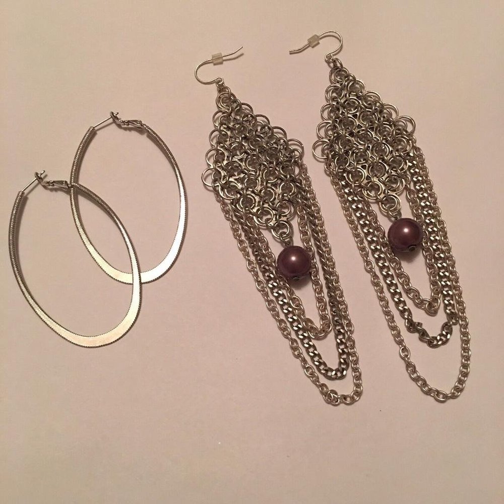 Lot Of 2 Women's Pierced Costume Earrings Large Silver Tone Statement
